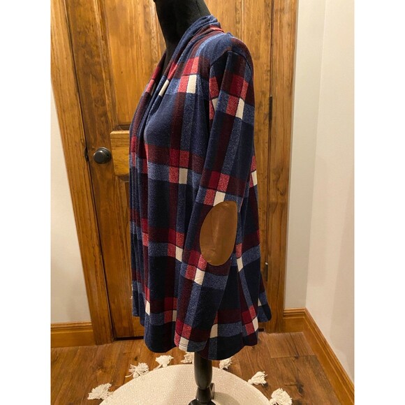 EGY Womans Jacket Plus Sz XL Navy Burgundy Plaid Open Front Light Fleece - Picture 4 of 11